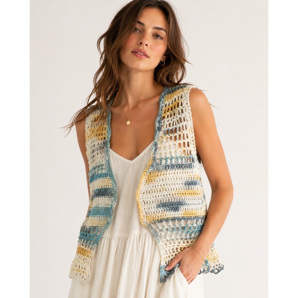 Handmade Crochet‎ Vest | Striped Cream Gold Teal | Artisan One-of-a-Kind